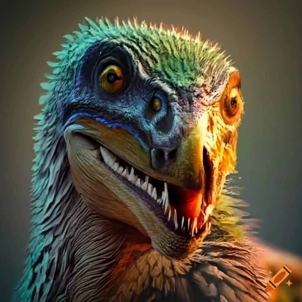 Feathered velociraptor staring at the viewer on Craiyon