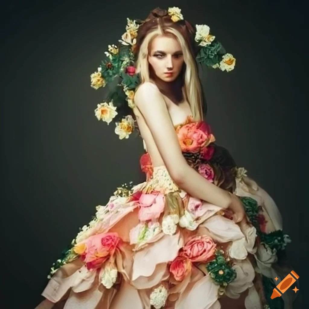 Beautiful woman with a dress made of flowers
