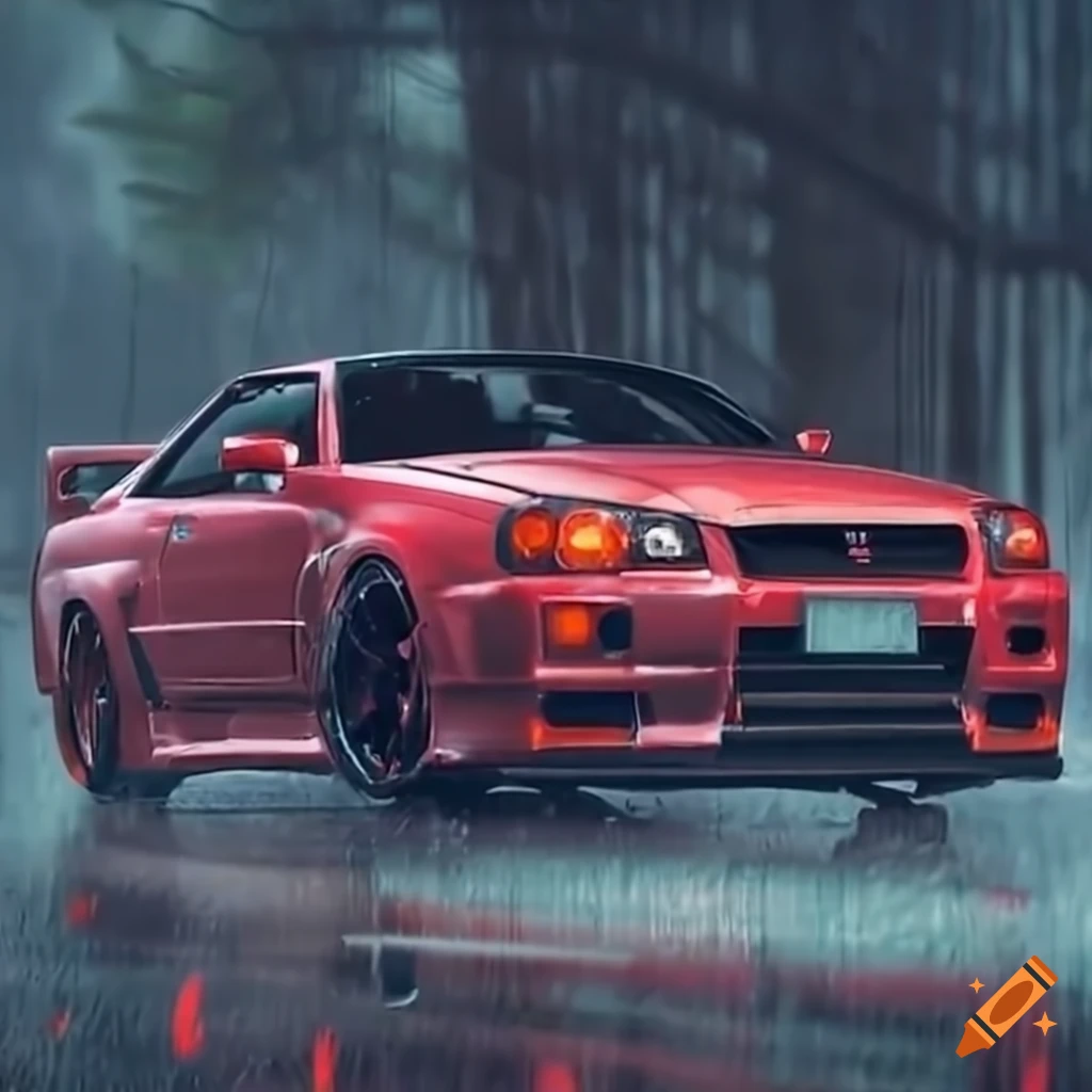 A powerful Nissan Skyline GTR R34 navigating through the rain on Craiyon