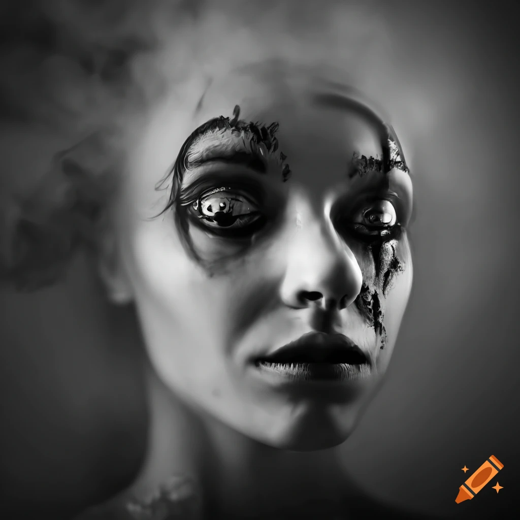 Abstract portrait with surreal elements b&w. smoke, darkness, circus ...