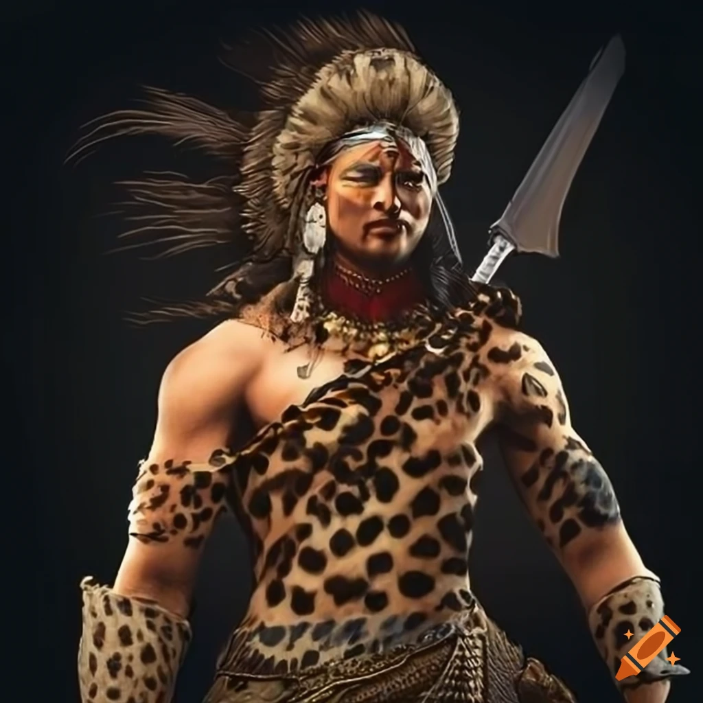An indian warrior with weapons dressed in leopard skin on Craiyon