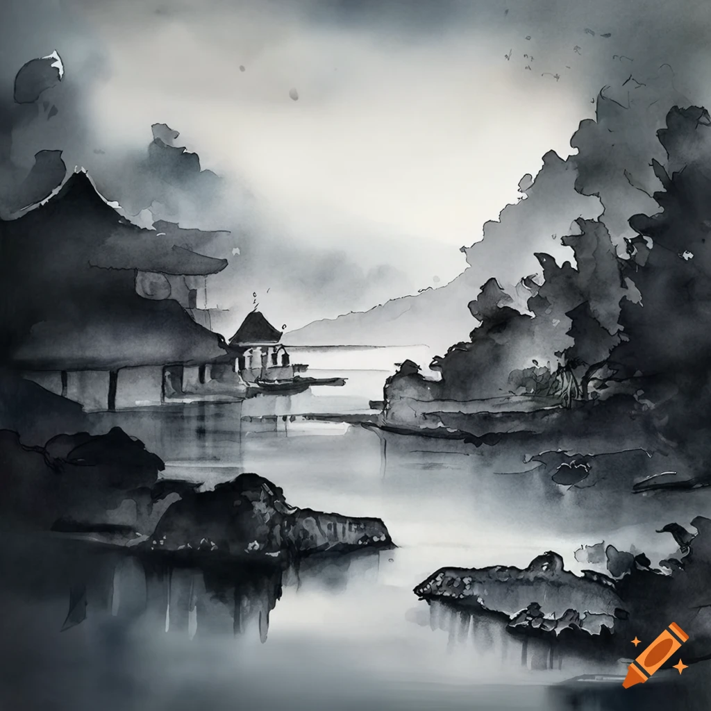 Grayscale Watercolor Painting, 10 Mountain and Lake Landscapes