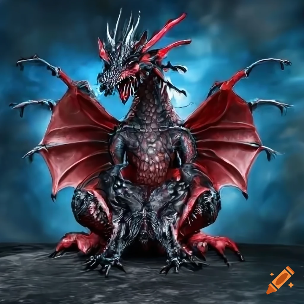 Realistic image of a black and red robotic dragon with a blue orb in it