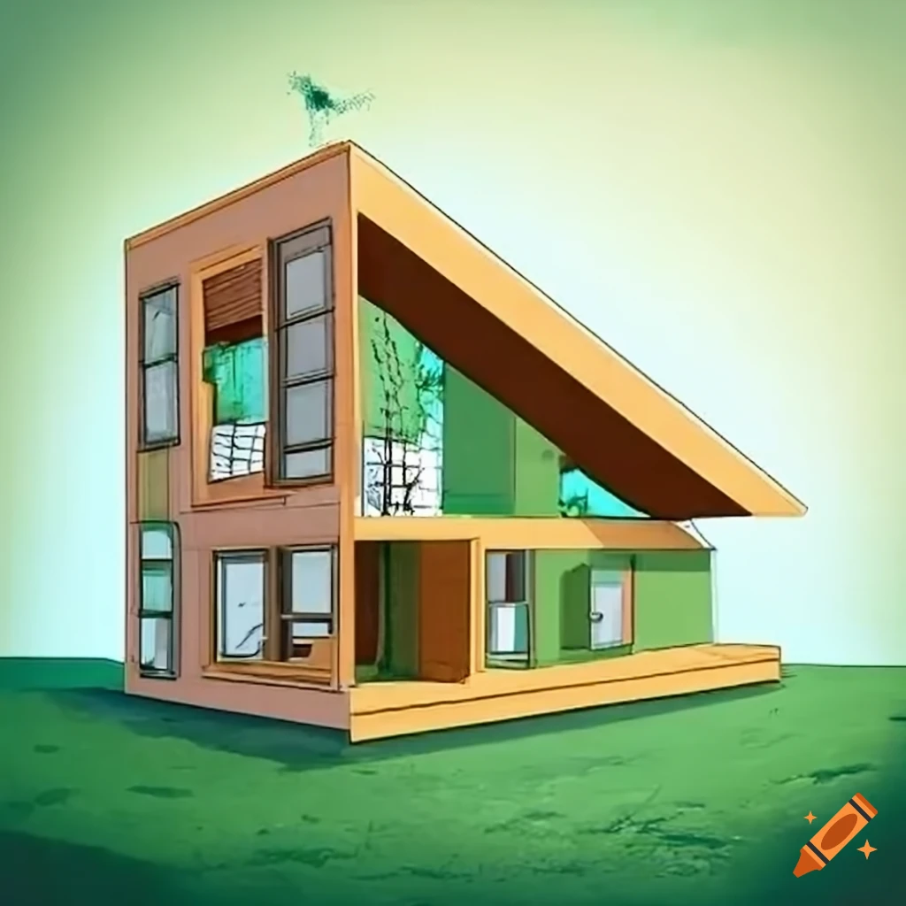 Drawing of a two-story ecological house with large windows, built 