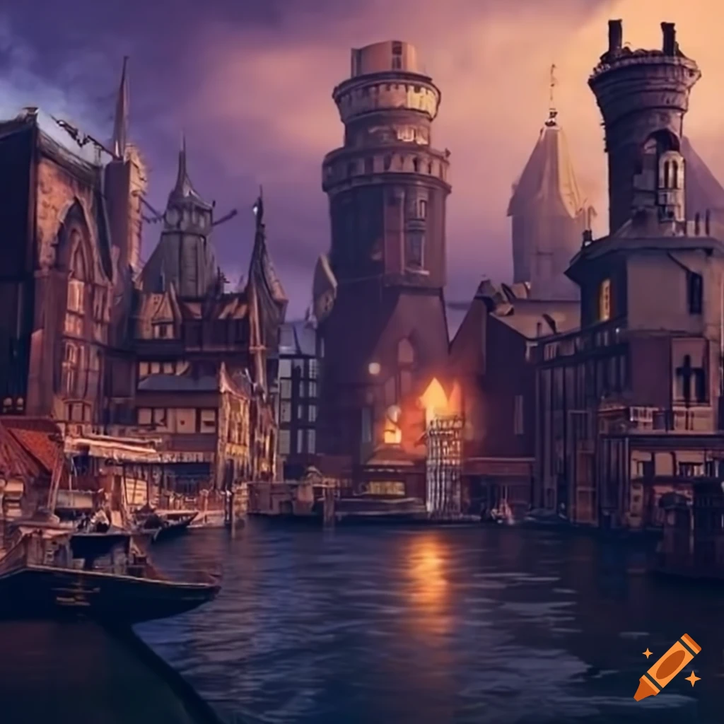 A bustling steampunk town with towering buildings and a busy harbor on ...