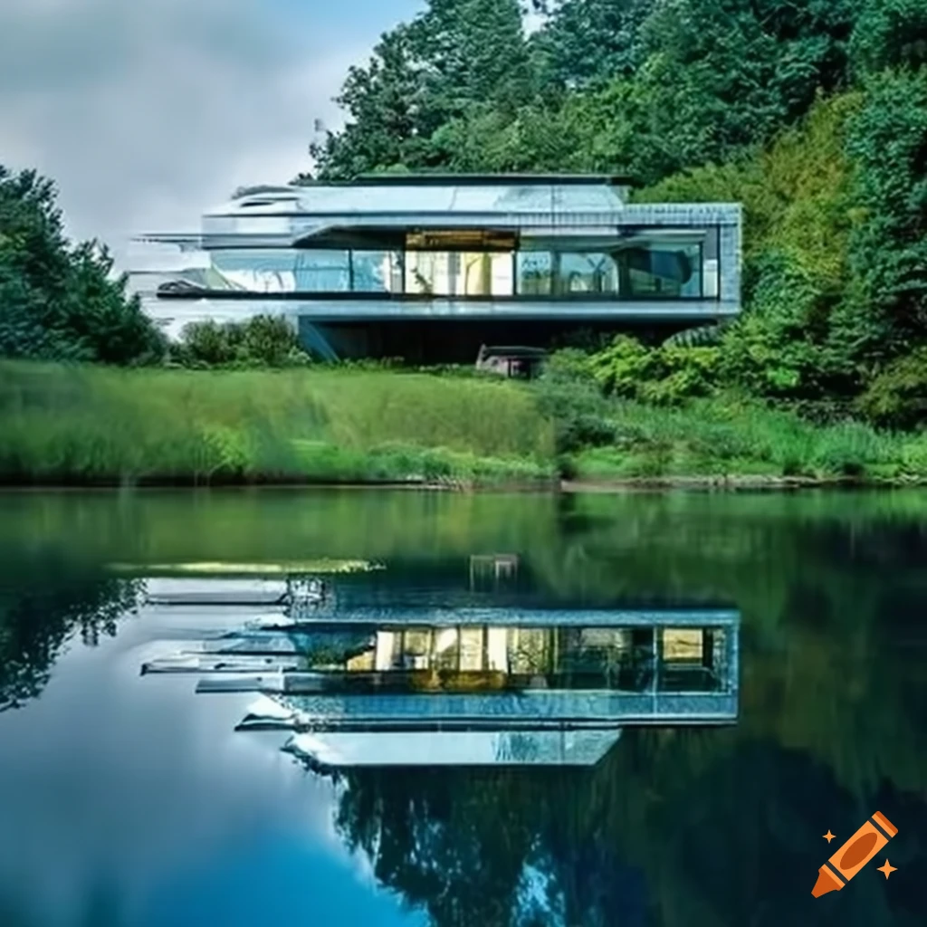 Extravagant glass house surrounded by nature that overlooks a river on ...