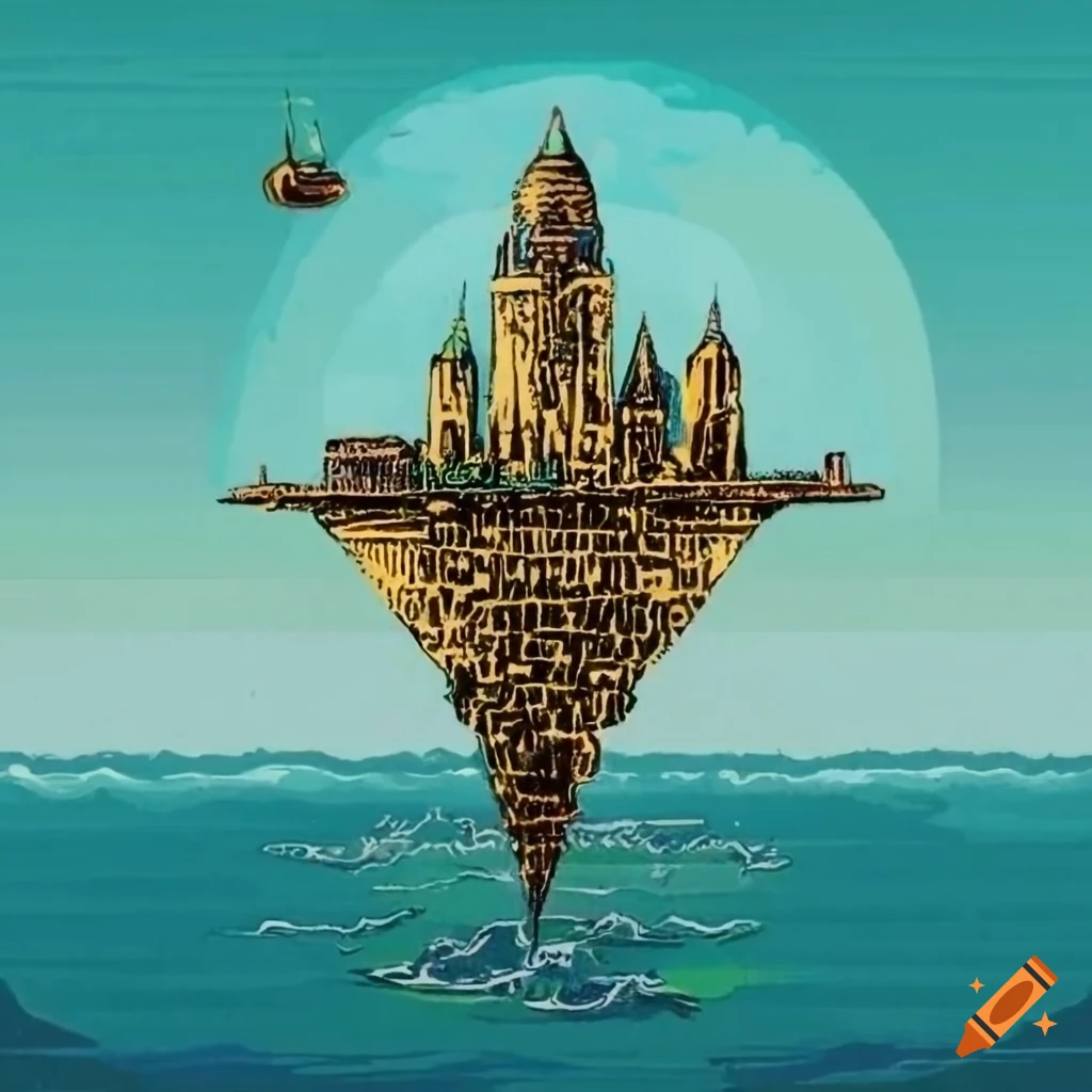 A colored copper engraving of the lost floating city of antis for a