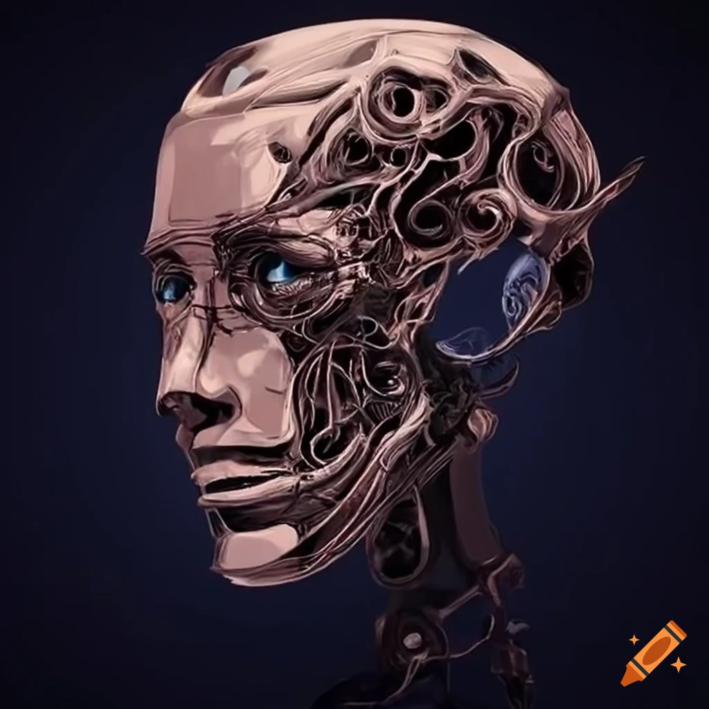 Human head with robot parts