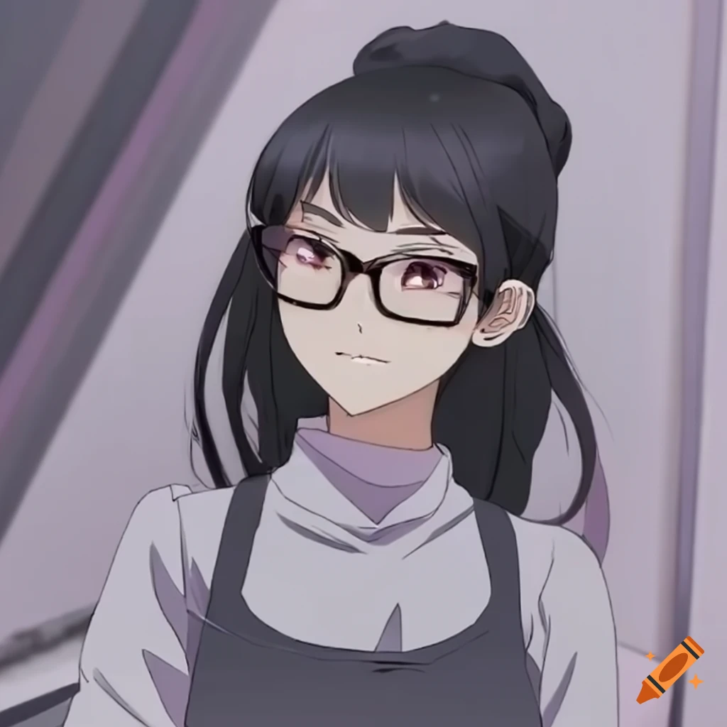 Anime girl ponytail glasses, black hair, hoodie