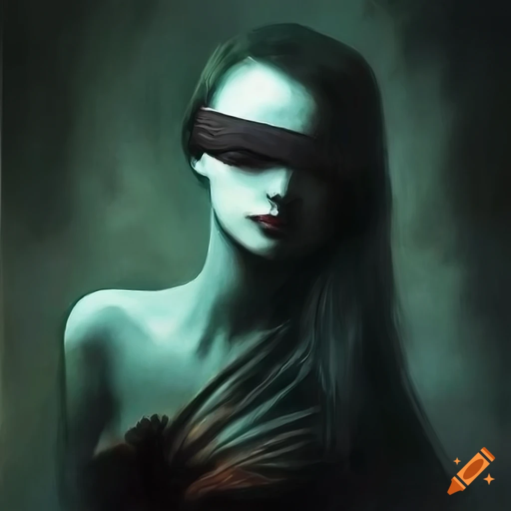 Her haunting beauty wearing velvet blindfold painted by beksinski