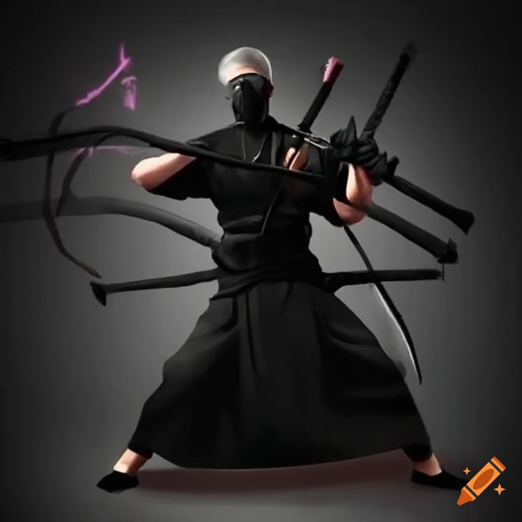 Human ninja with dual wakizashis, black attire, smoke effects and