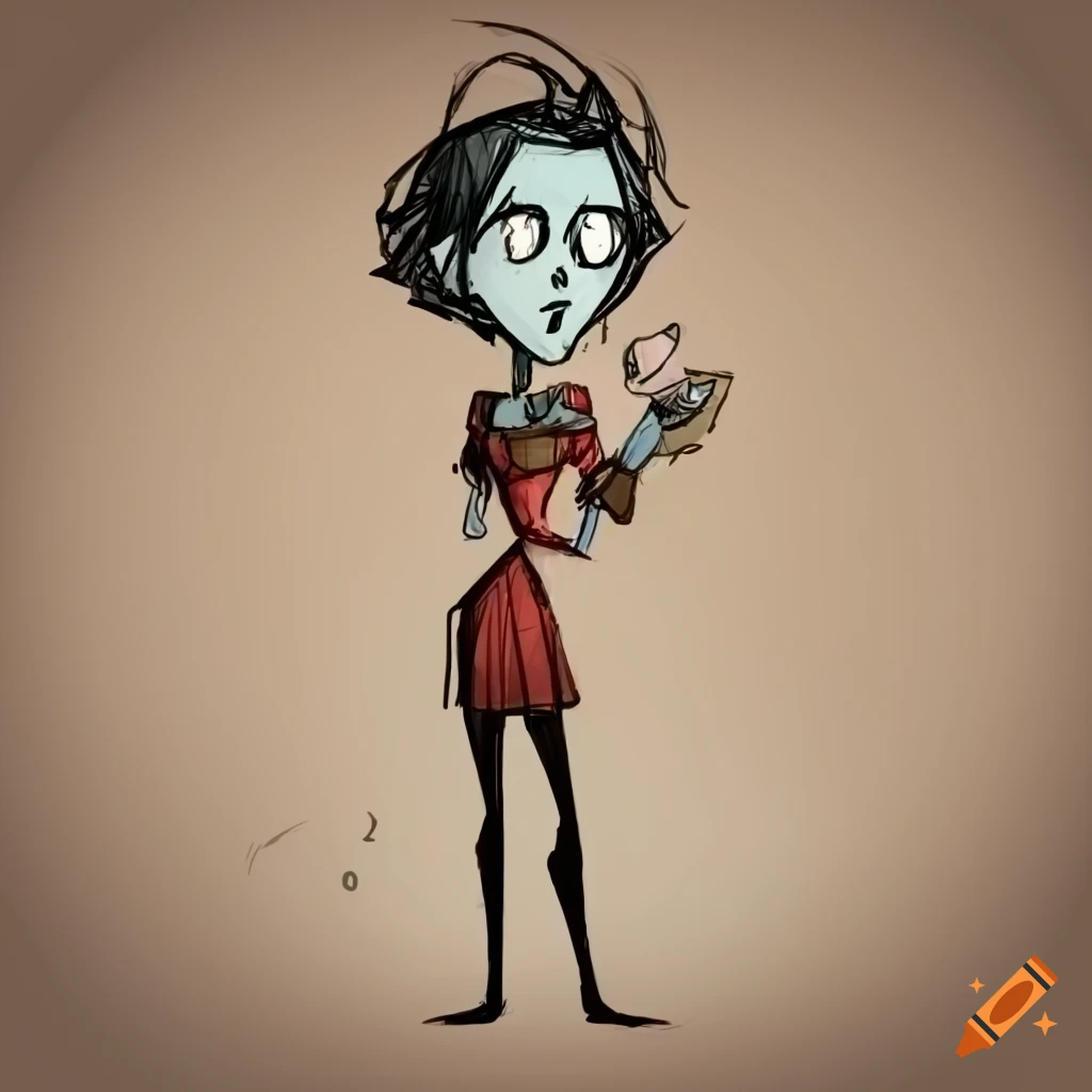 Tim burton style, communicator in a ship character, side view, full body  view, woman, sad, look affraid, don't starve on Craiyon