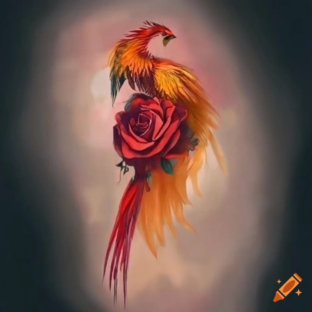 Draw me a tatoo with a rose and a phœnix