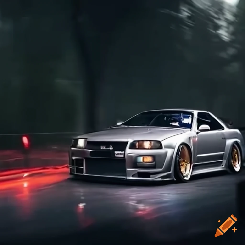 A sleek Nissan Skyline GTR R34 cruising through rainy night on Craiyon