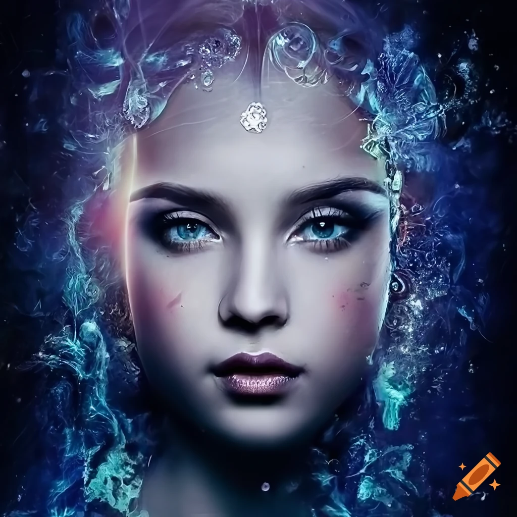 Portrait of a YOUNG goddess with an intense gaze and extravagant ...