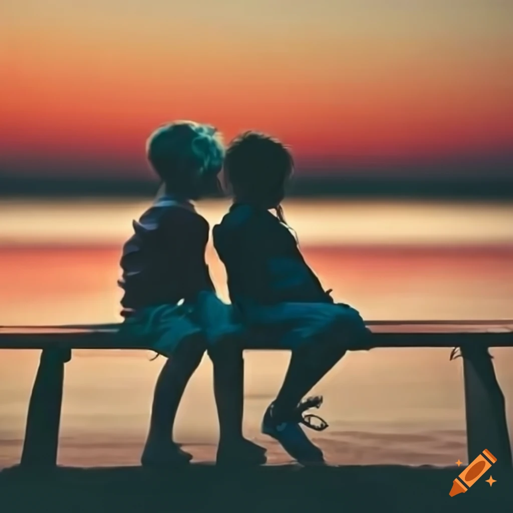 Boy and girl with short hair sitting on a Bank on evening