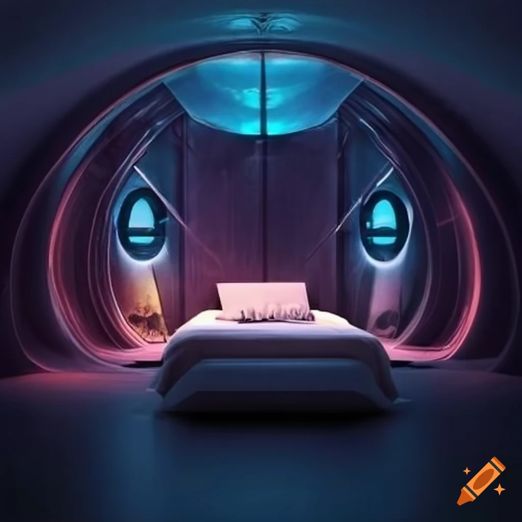 Futuristic bedroom blending technology and natural elements