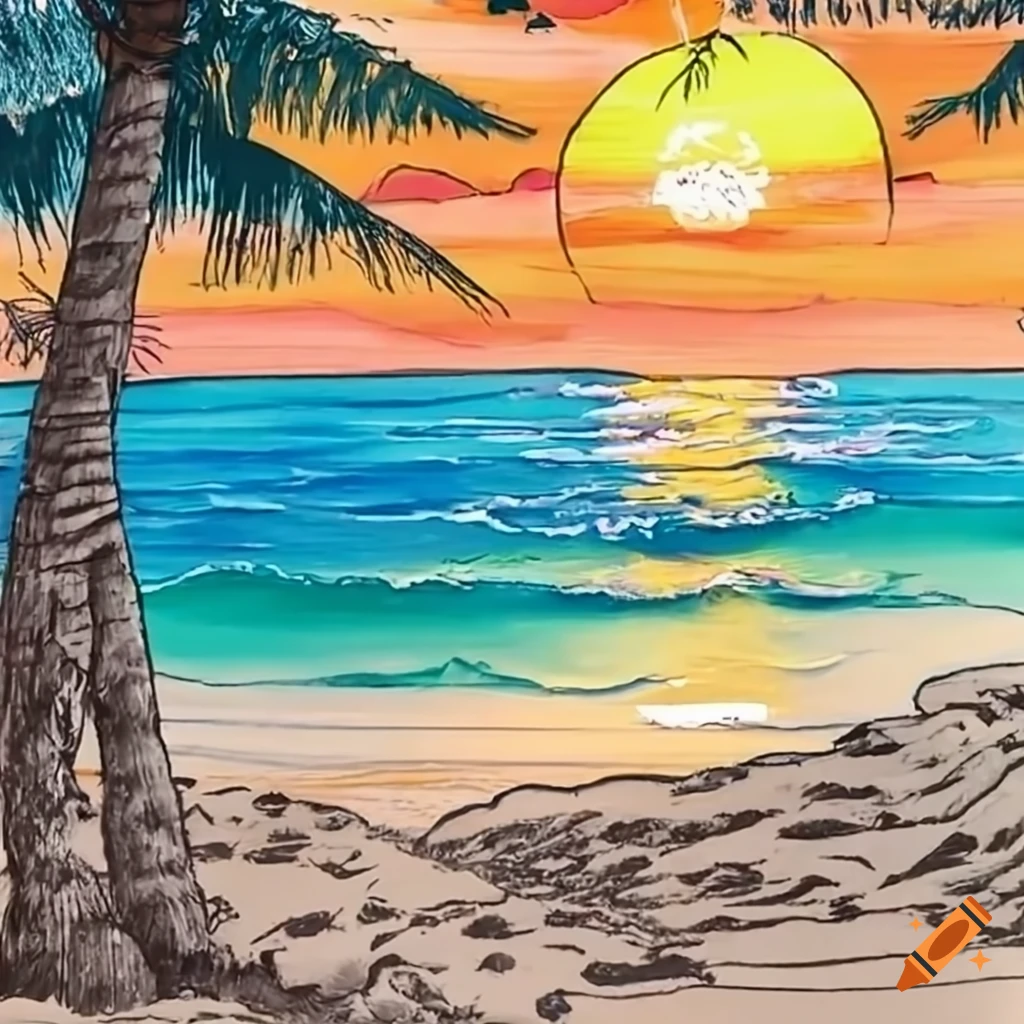 Sunset Beach Drawing PNG Transparent Images Free Download | Vector Files |  Pngtree
