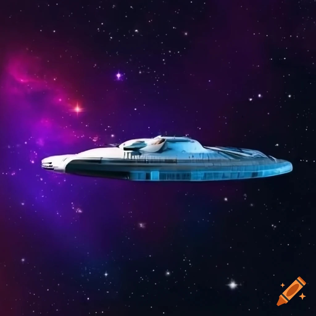 The starship enterprise on a cosmic rainbow space background