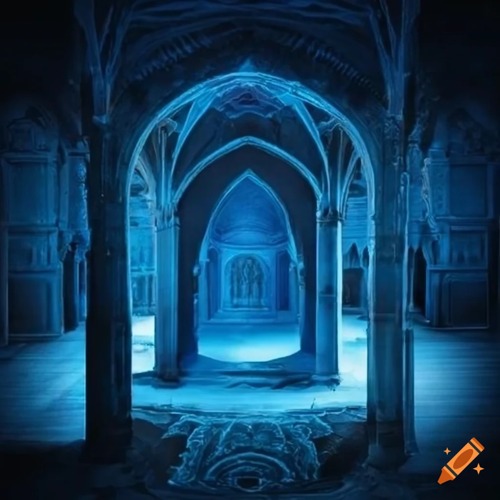 A blue palace, made of dark and light blue stones