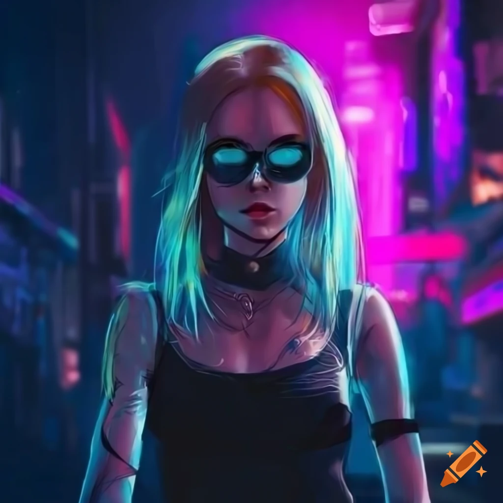 Girl with long blonde hair and dark glasses in cyberpunk world on Craiyon