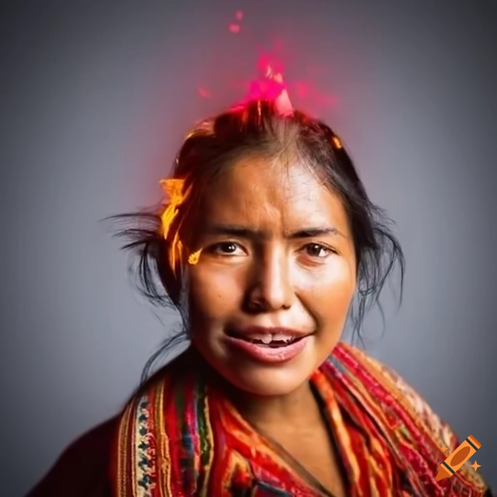 Peruvian woman with fire on his head; smiling and teeth shining
