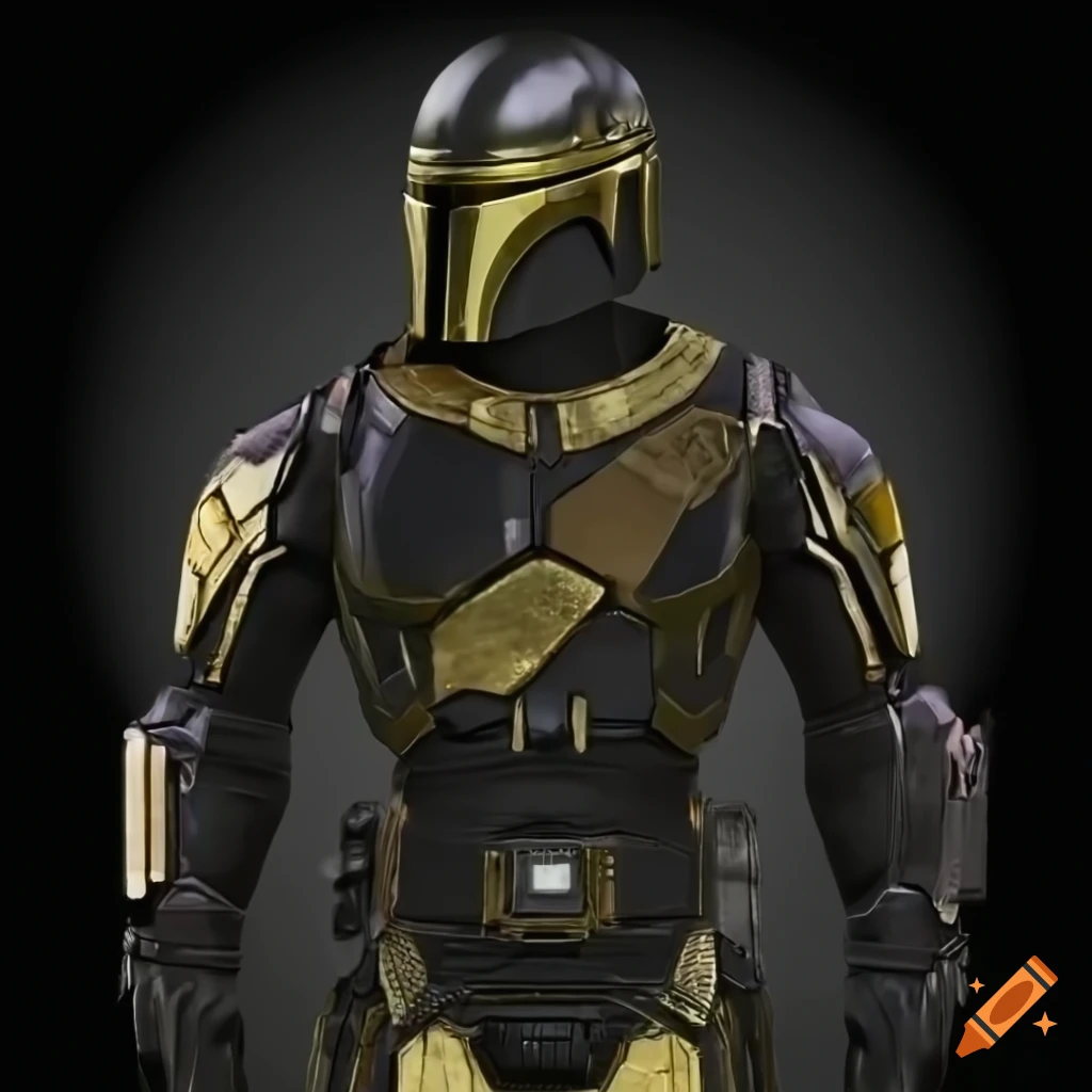 android facing forward, appearance: mandalorian/ultron body & mask, no hair, no skin, no gender, green digital oled eyes, cyberpunk modular themed, in Titanium metal, dipped reflective gold, black background, symmetrical proportional 3d-model, photorealistic, 8k, CryEngine graphics, no text