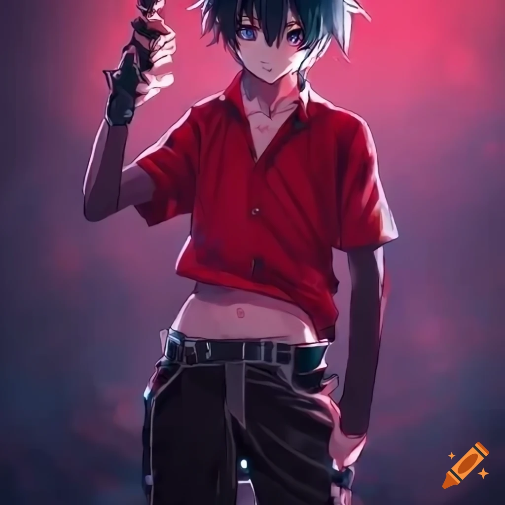 Boy with anime style hair, red shirt, black shorts, mechanical left arm,  mechanical left leg full hd 1080p 4k