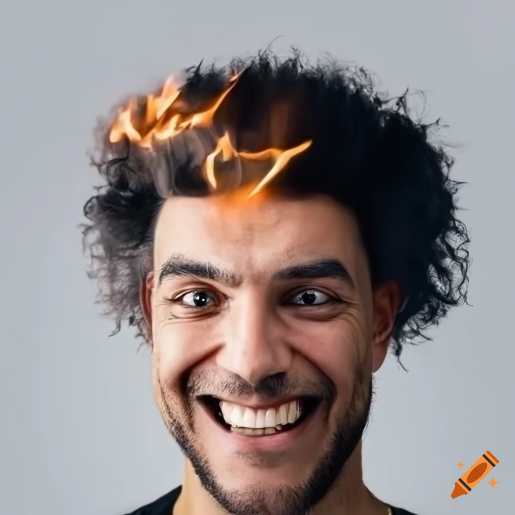French man with the presence of fire on his hair; smiling and teeth