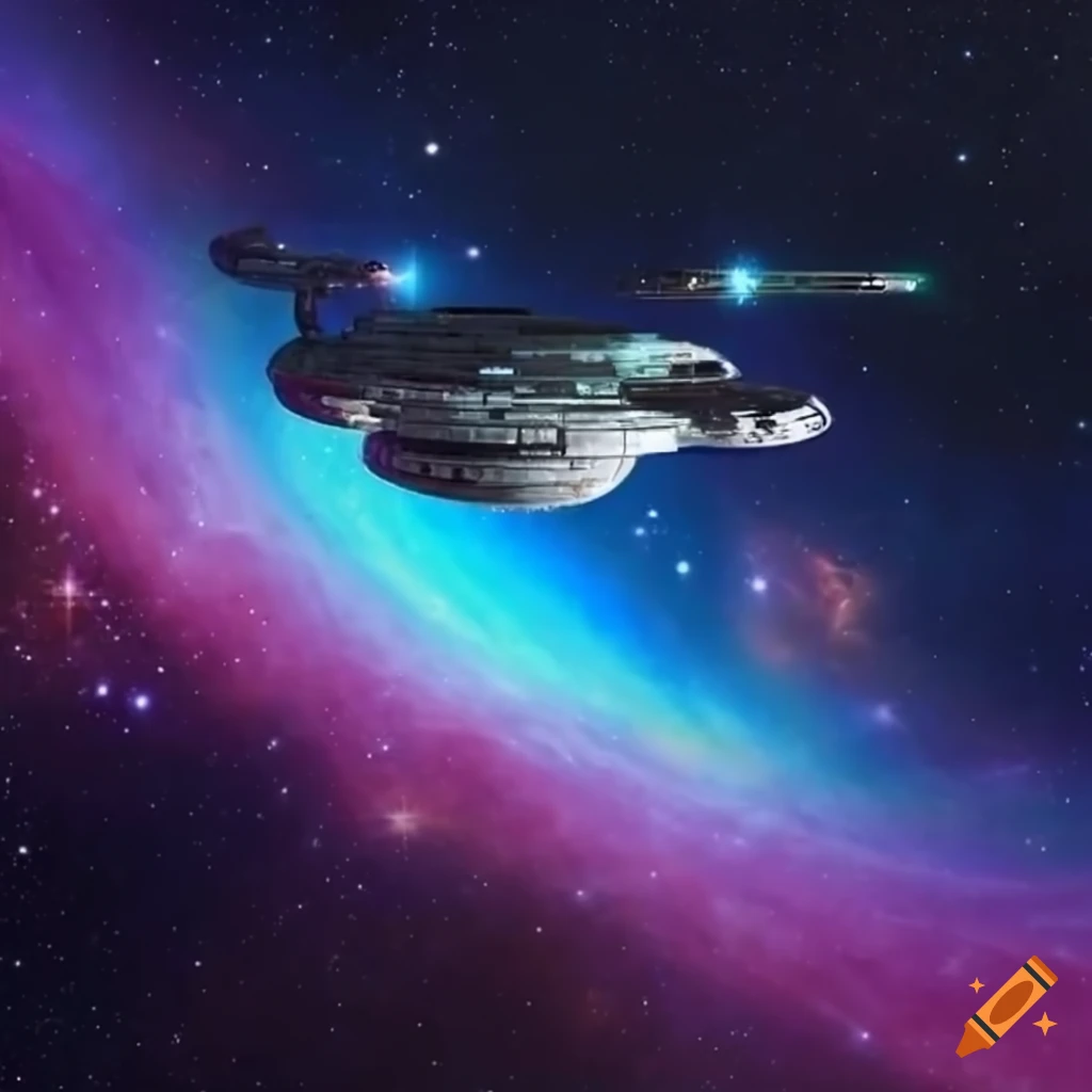 The starship enterprise on a cosmic rainbow space background