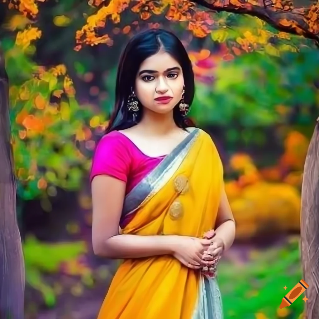 A beautiful girl her hair is curly wearing saree sitting in her garden  playing with flowers with smile on her face