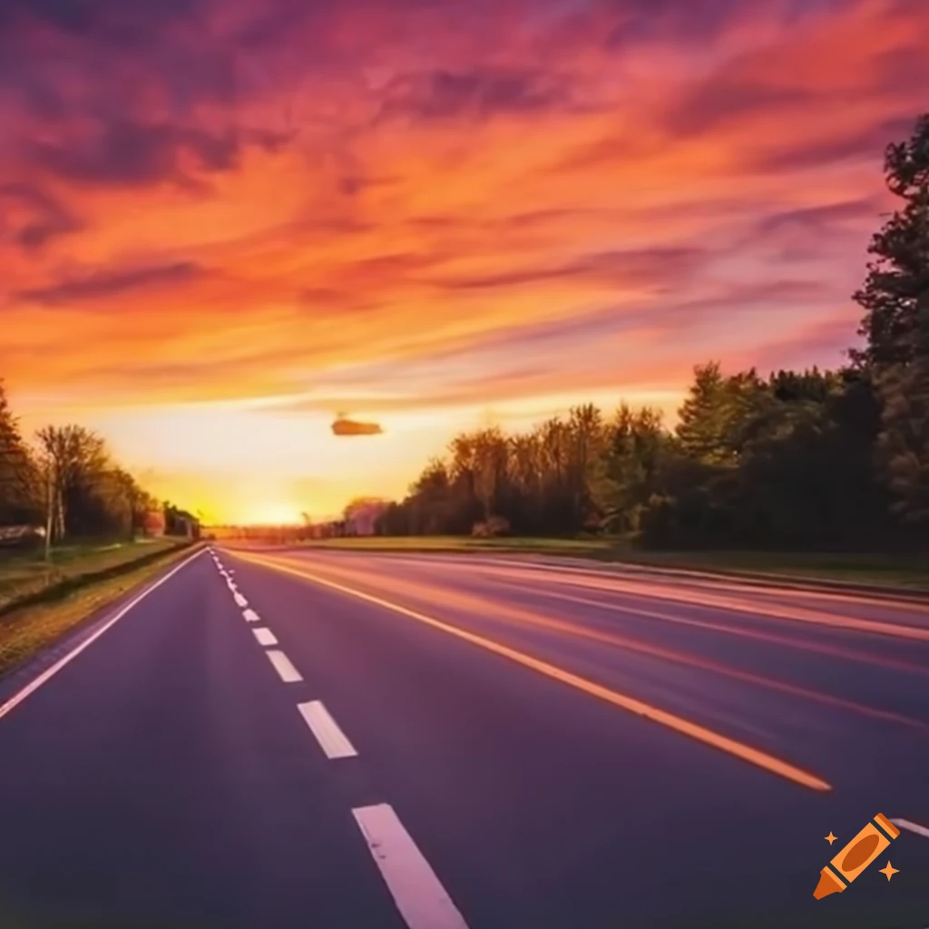 Image of a colorful sunset in a road on Craiyon