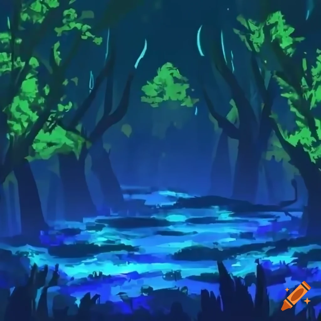 Bioluminescent forest painterly pokemon battle background on Craiyon