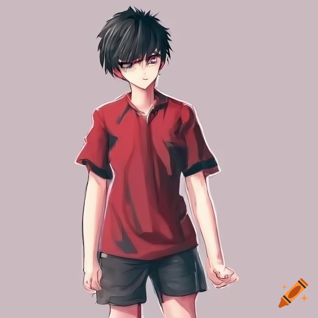 Boy with anime style hair, red shirt, black shorts, mechanical left arm,  mechanical left leg full hd 1080p 4k