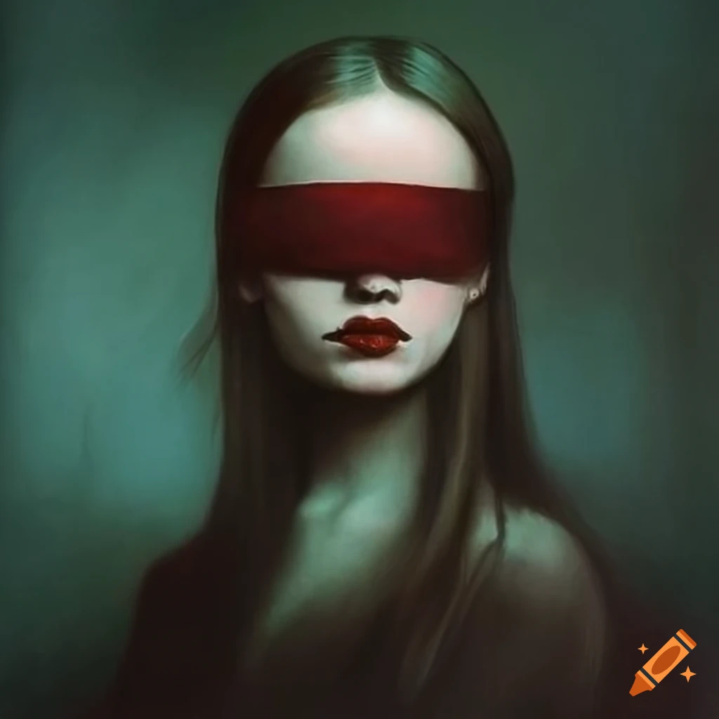 Her haunting beauty wearing velvet blindfold painted by beksinski