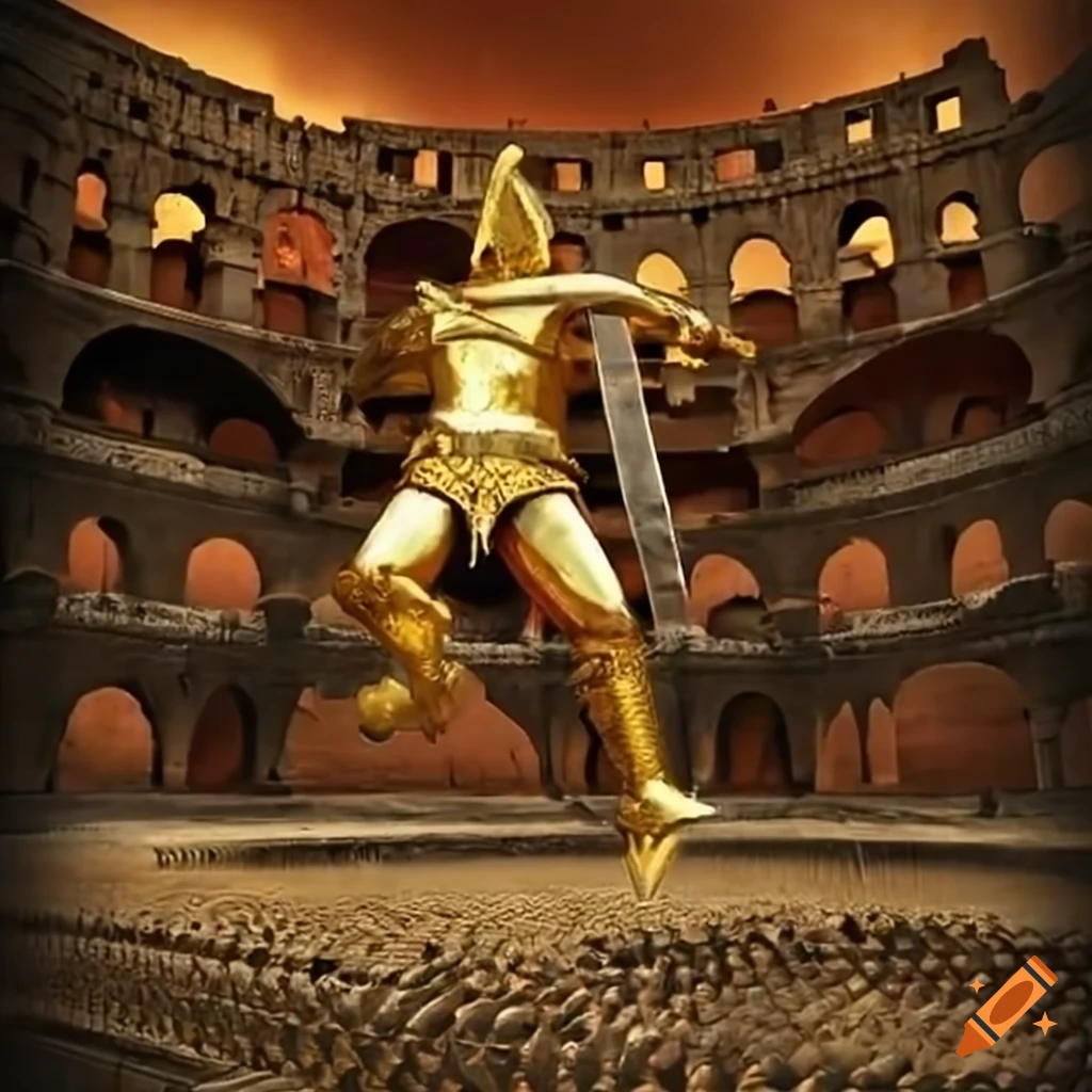 A powerful gladiator adorned in golden armor wields a sword in the ...