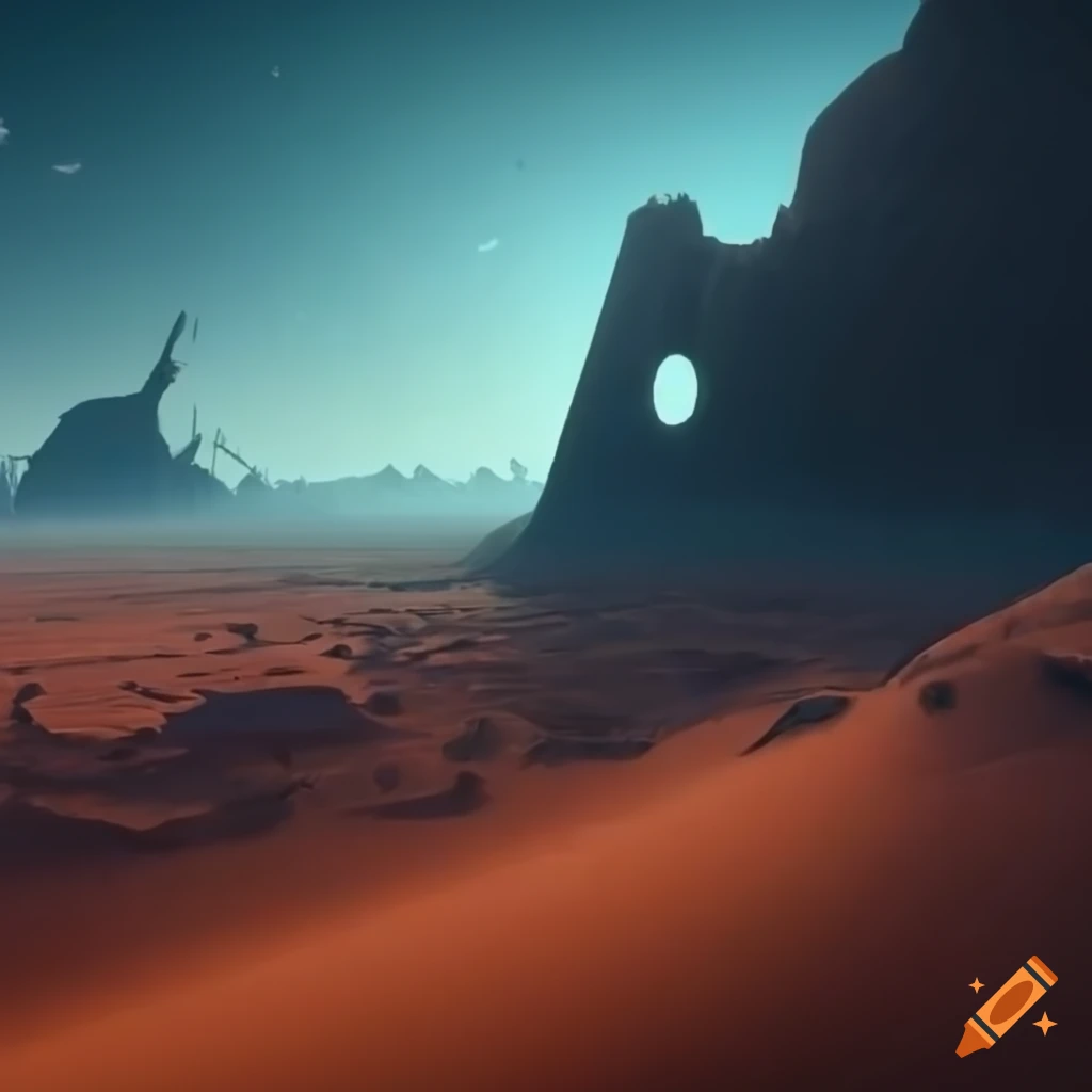 A sci-fi desert planet landscape with ruined alien structures in the ...