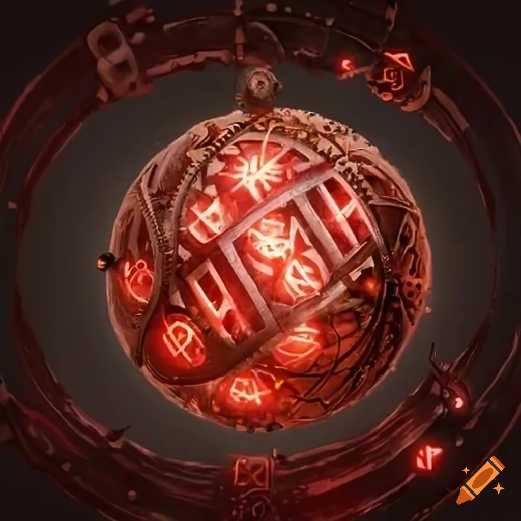 Mysterious steampunk sphere with glowing red runes floating in mid-air ...