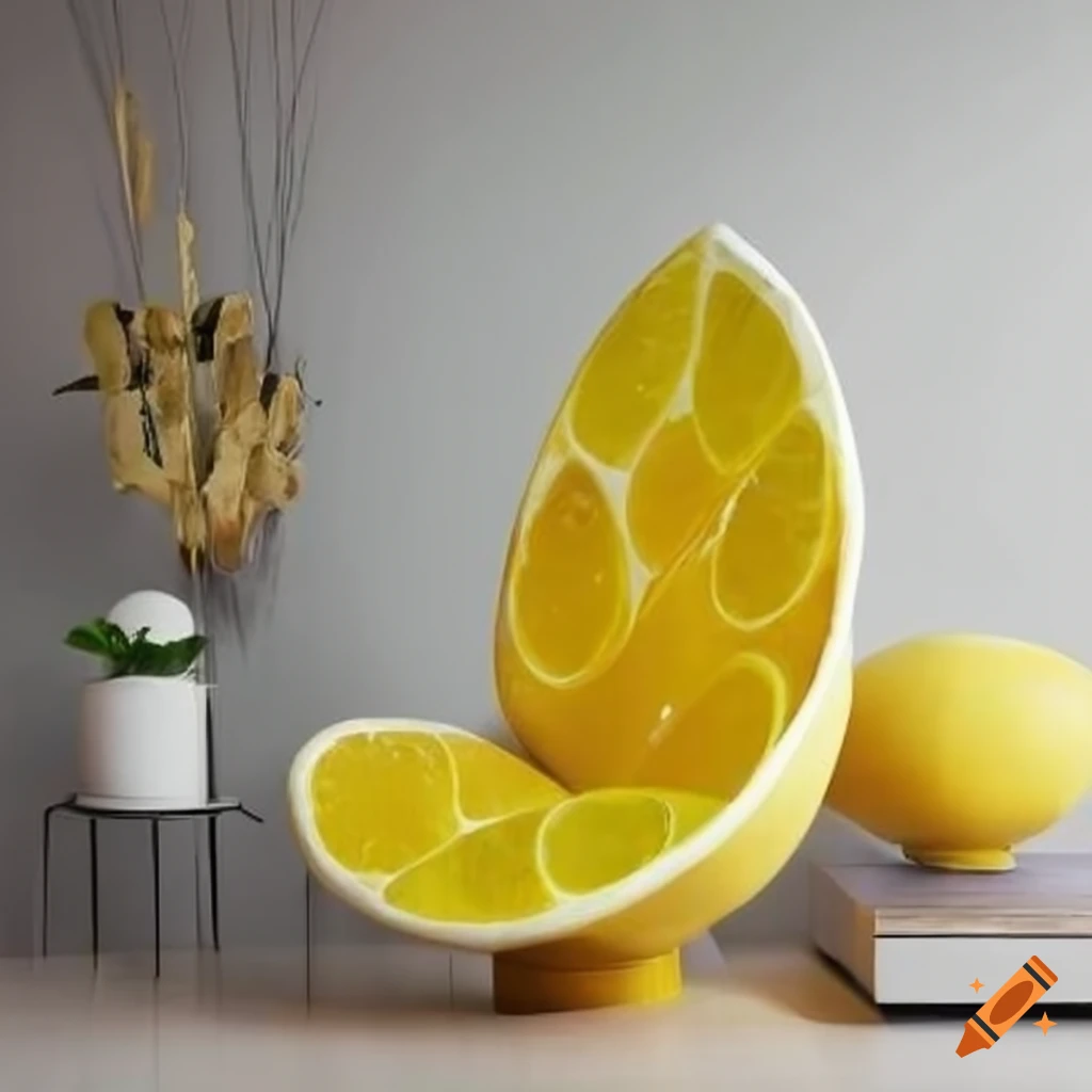A lemon-shaped chair in a modern living room on Craiyon