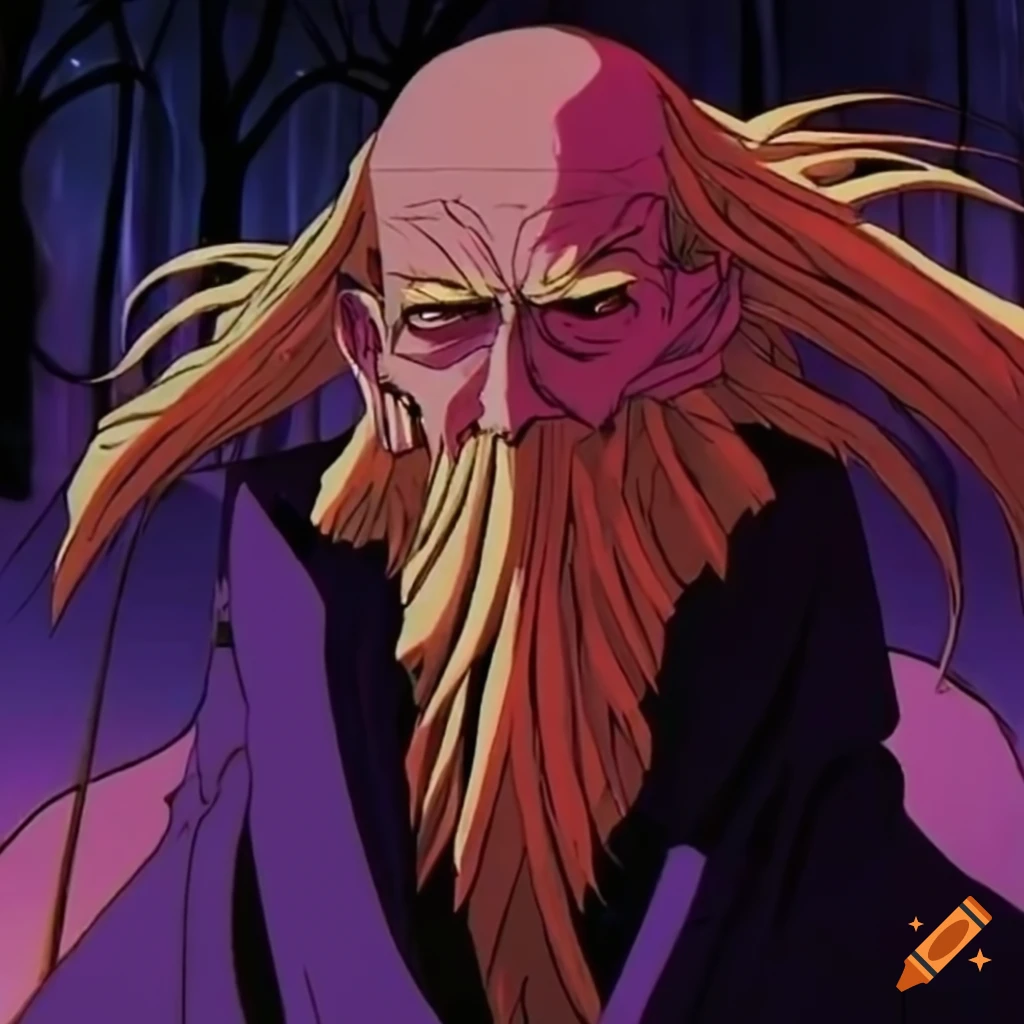 80-90's anime ova, male old bearded wizard 'ninja scroll' 'vampire