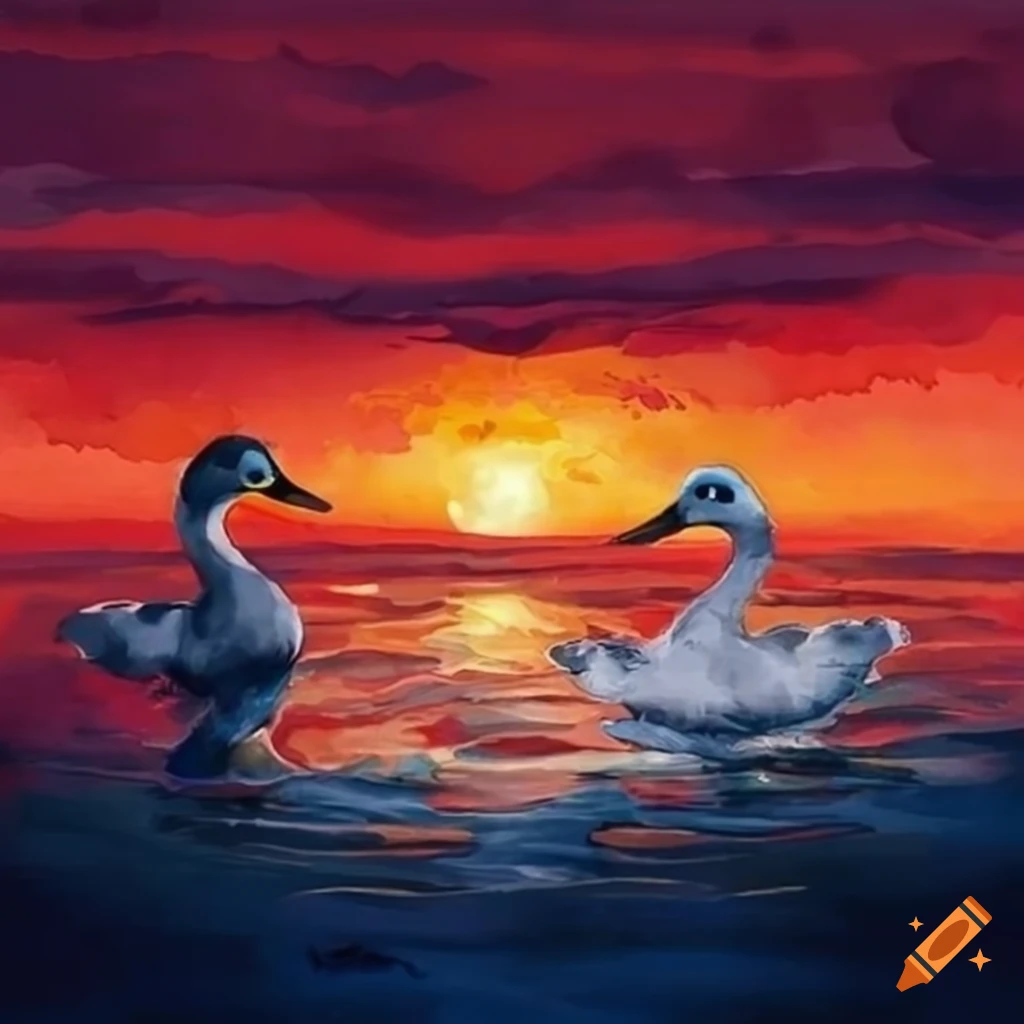 AI Watercolor Canvas Wall Painting Duck on a Lake Sunset Mountains