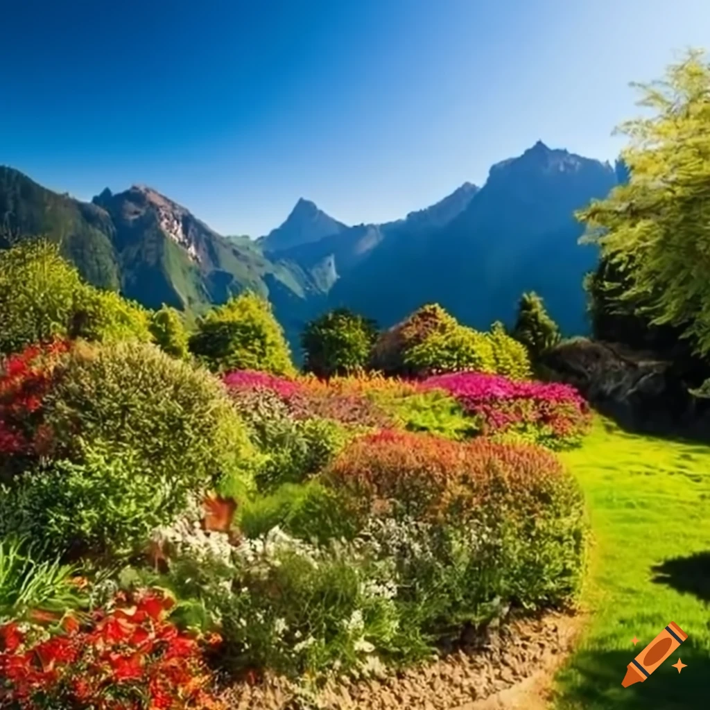 Beach garden with alpine mountain background