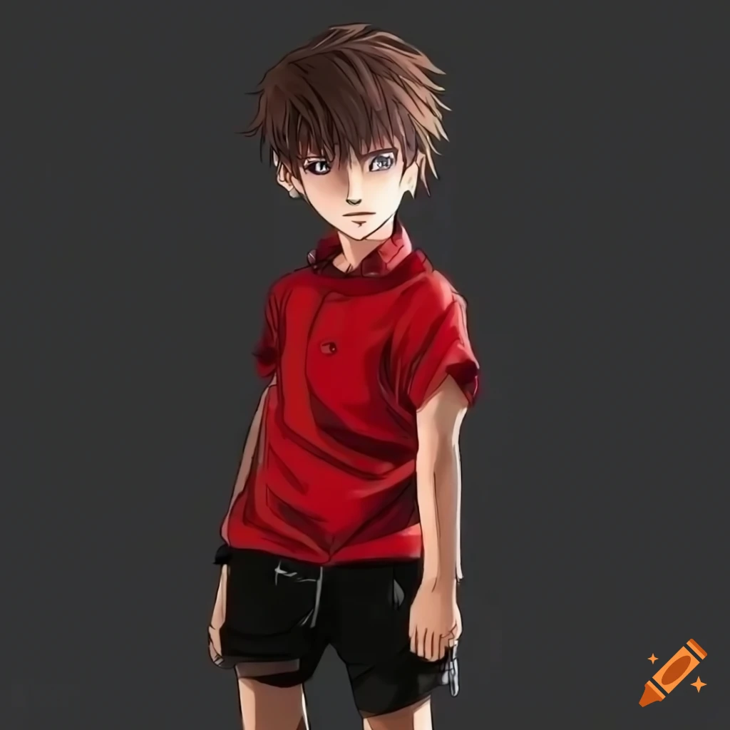 Boy with anime style hair, red shirt, black shorts, mechanical left arm,  mechanical left leg full hd 1080p 4k