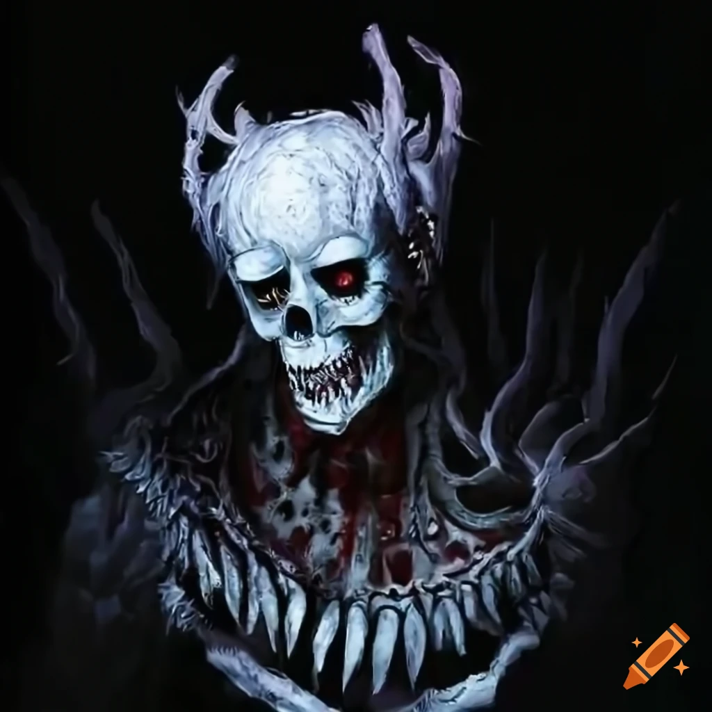A villain named the nightmare king. all white eeyes with red around them,  his face should be mostly like a skeleton face, he has a white hood with a  crown that has