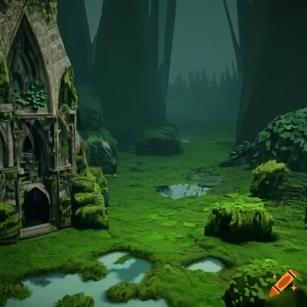 A moss-covered stone ruins in a fantasy RPG game forest fantasy grass texture isometric view mystic cathedral filled with crystals, pond, lush vegetation, crystals silver, detailed, crystal gravel glass, gothic ruins, cinematic lighting, 8k, unreal engine render isometric chest in the style of a 2D game made of stone overgrown with moss with flowing water with small turrets on the sides forest ruins from above perspective for top-down fantasy RPG game Secret garden with ancient walls a mystic
