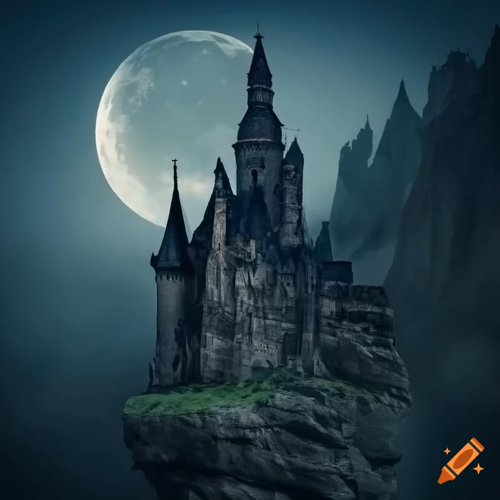 Castle on a sharp cliff dark gothic very tall baroque