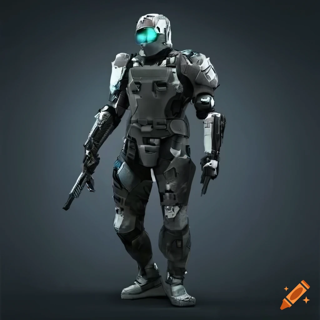 Full body view of a futuristic infantry wearing sleek body armor