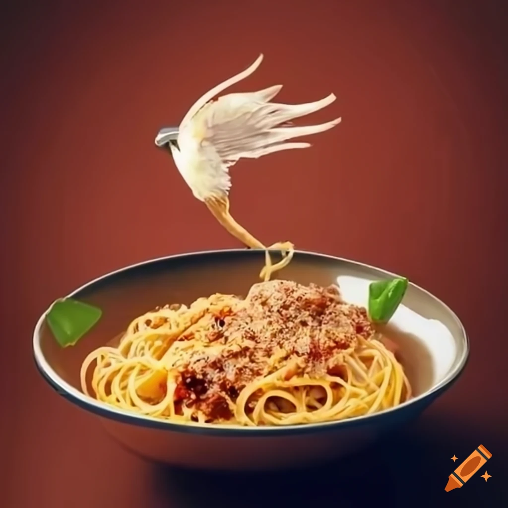 Bowl of spaghetti with sauce and has a spaghetti angel flying out of it ...
