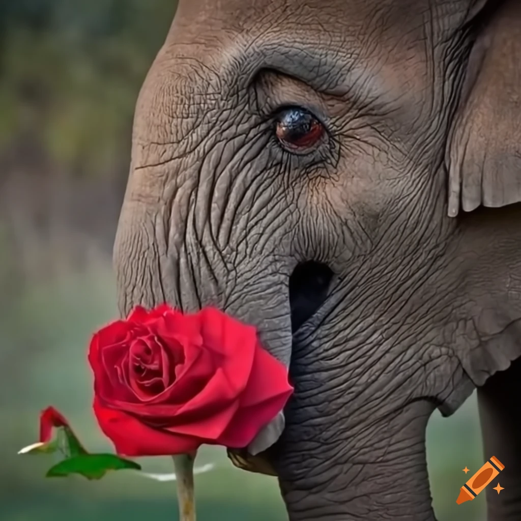 An smooth elephant is holding red rose in his nose and presents rose to me on Craiyon