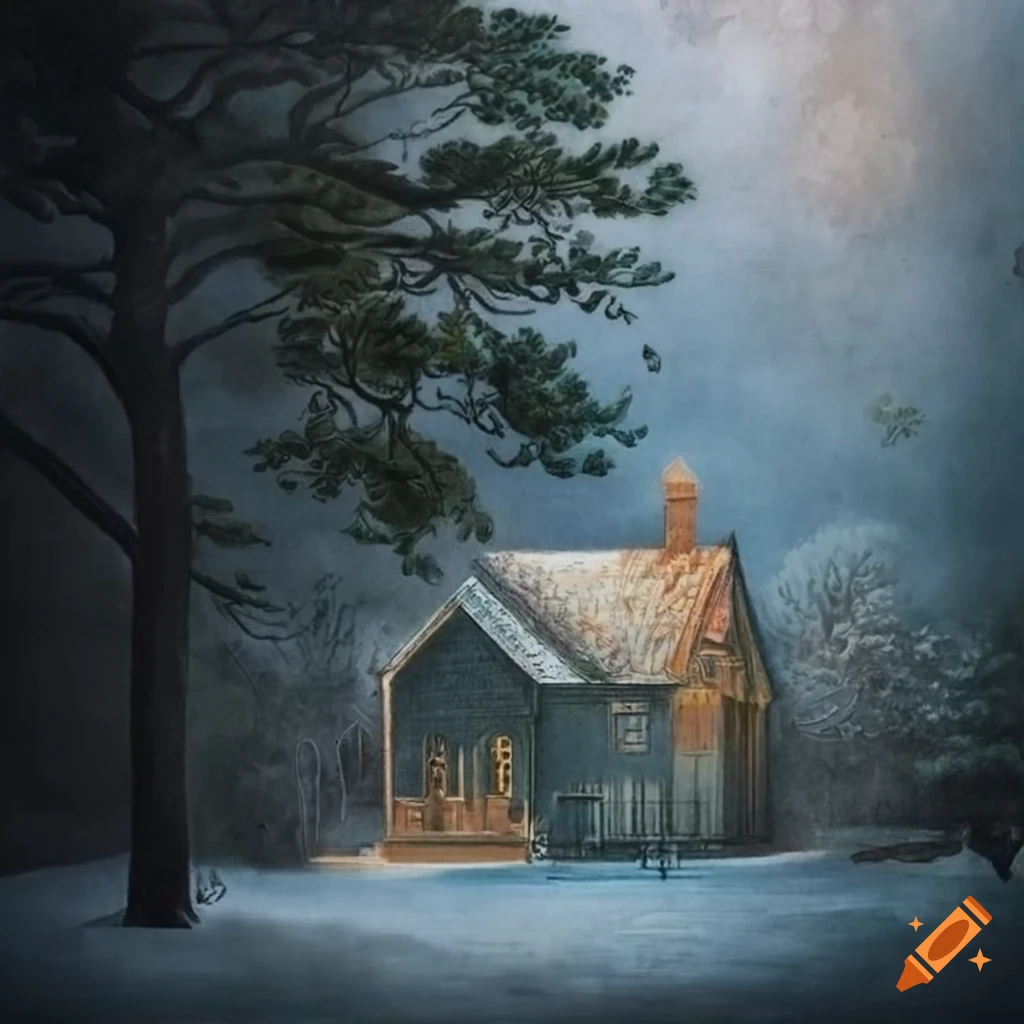 Upscale etching of ‘🏡🌲’, hyperdefined stunning clarity, with attention